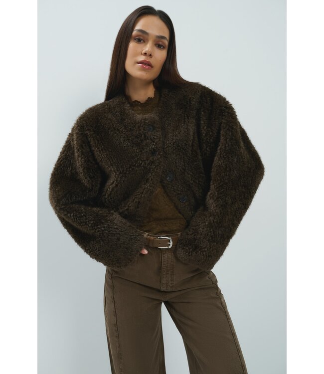 YAYA Oversized faux fur short jacket - DELICIOSO BROWN