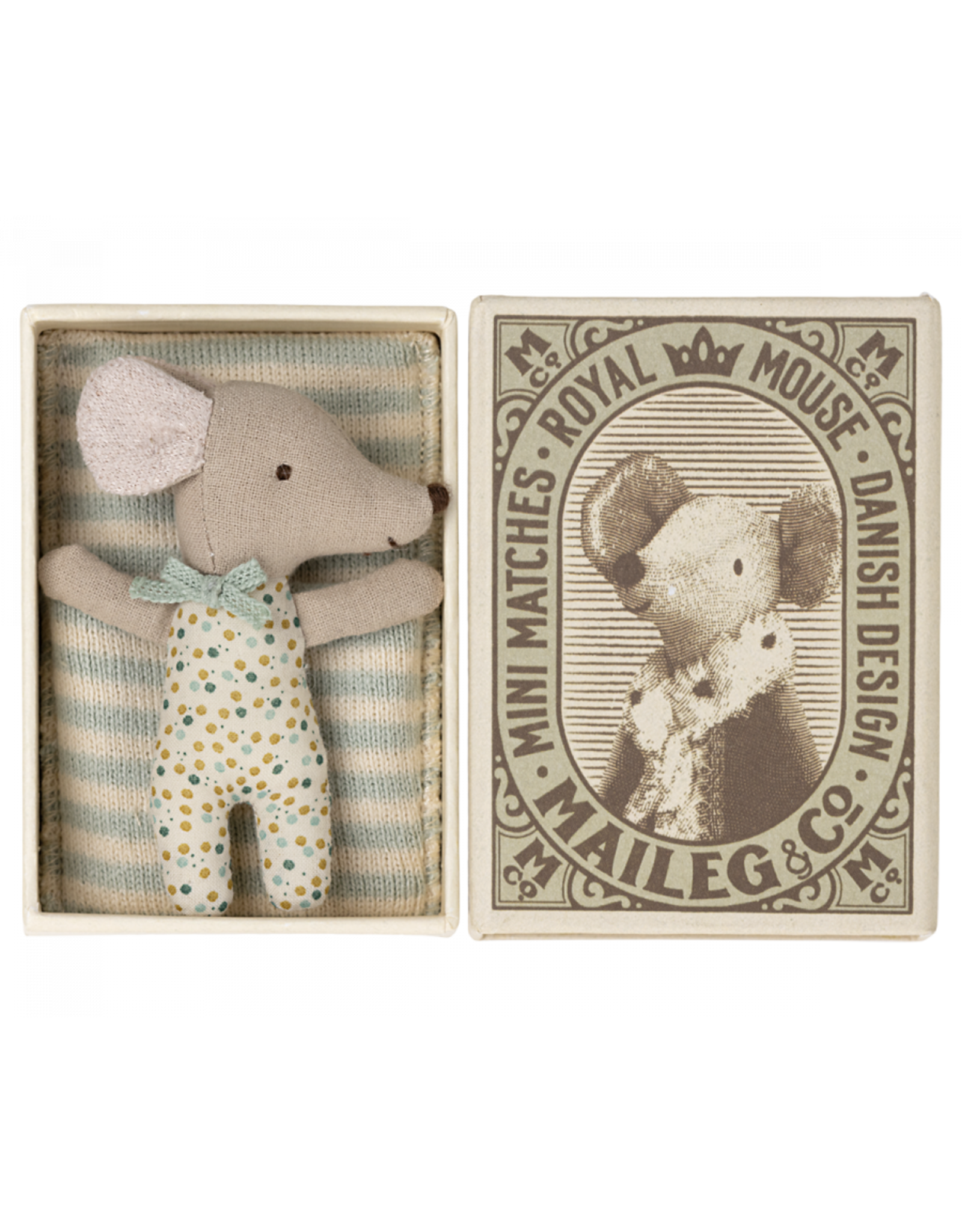 Maileg Sleepy/Wakey Baby Mouse in Matchbox - Blue