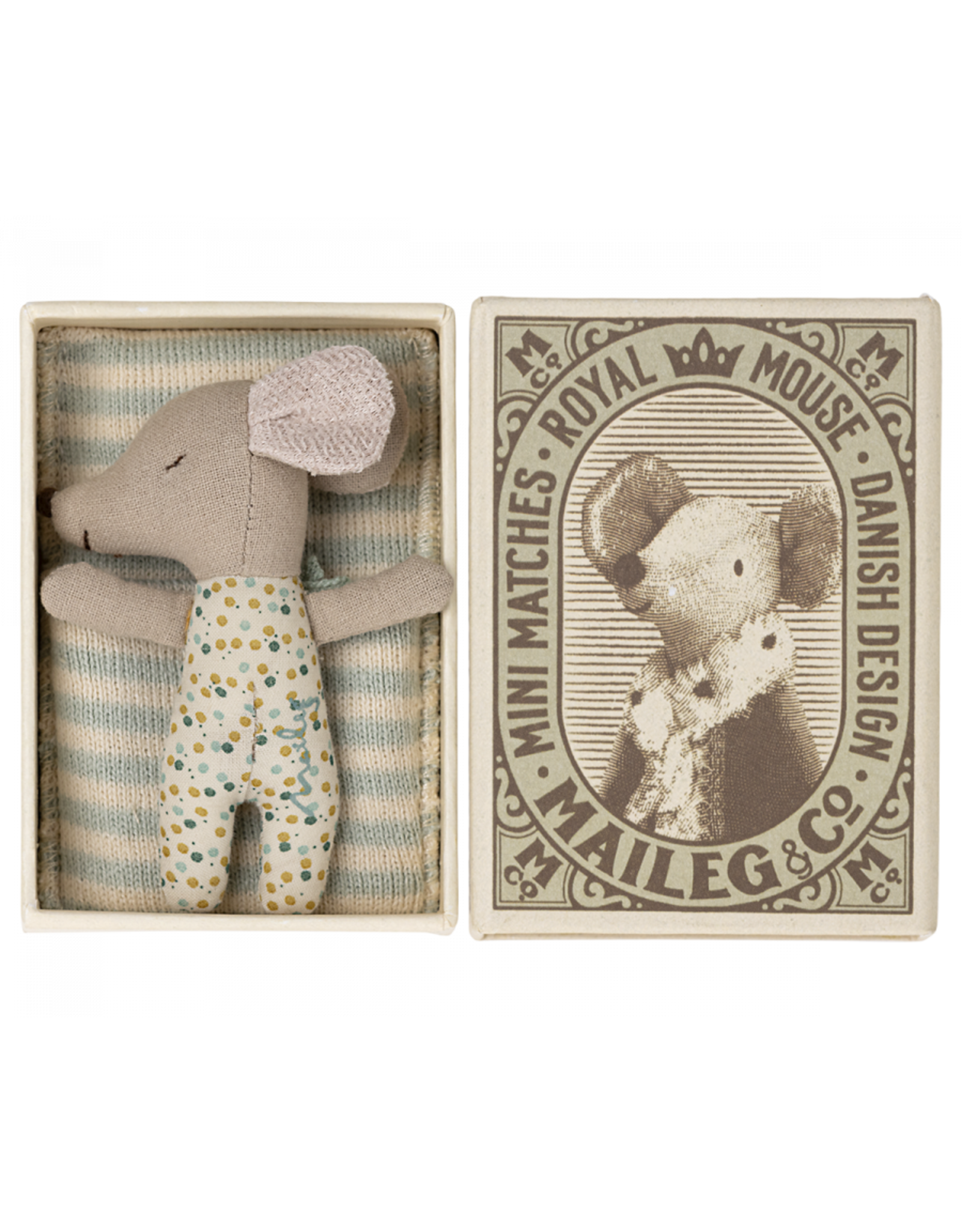 Maileg Sleepy/Wakey Baby Mouse in Matchbox - Blue