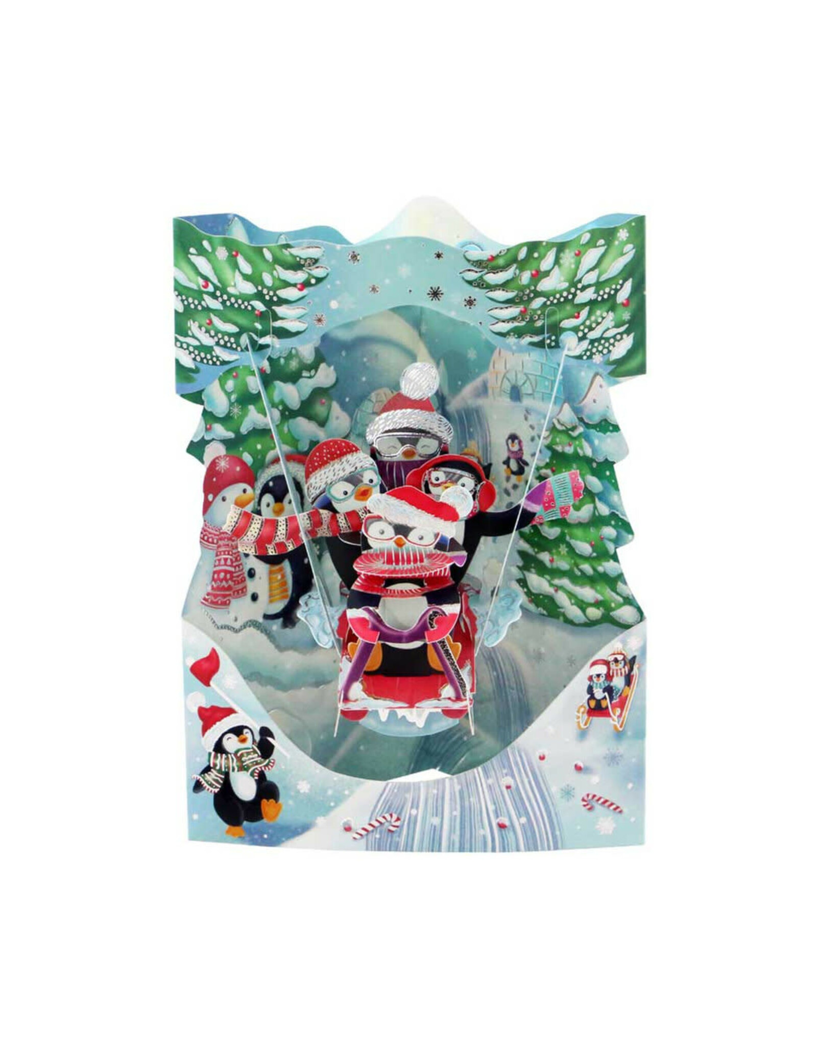 3D Swing Christmas Card "Sledging Penguins"