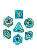 Dobbelstenen Set Oog Liquid Blauw in tin doosje