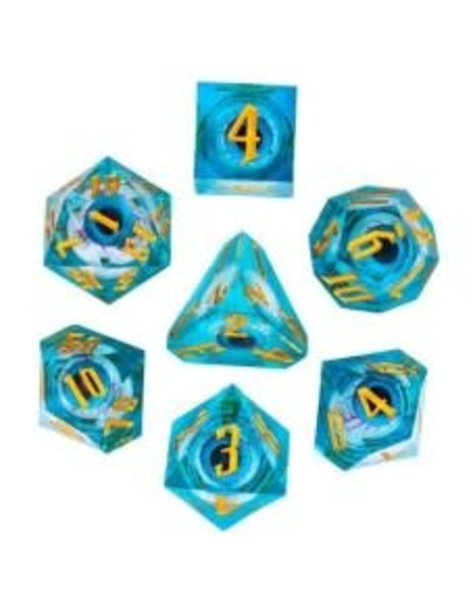Dobbelstenen Set Oog Liquid Blauw in tin doosje