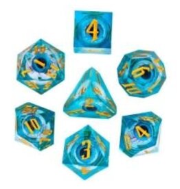 Dobbelstenen Set Oog Liquid Blauw in tin doosje