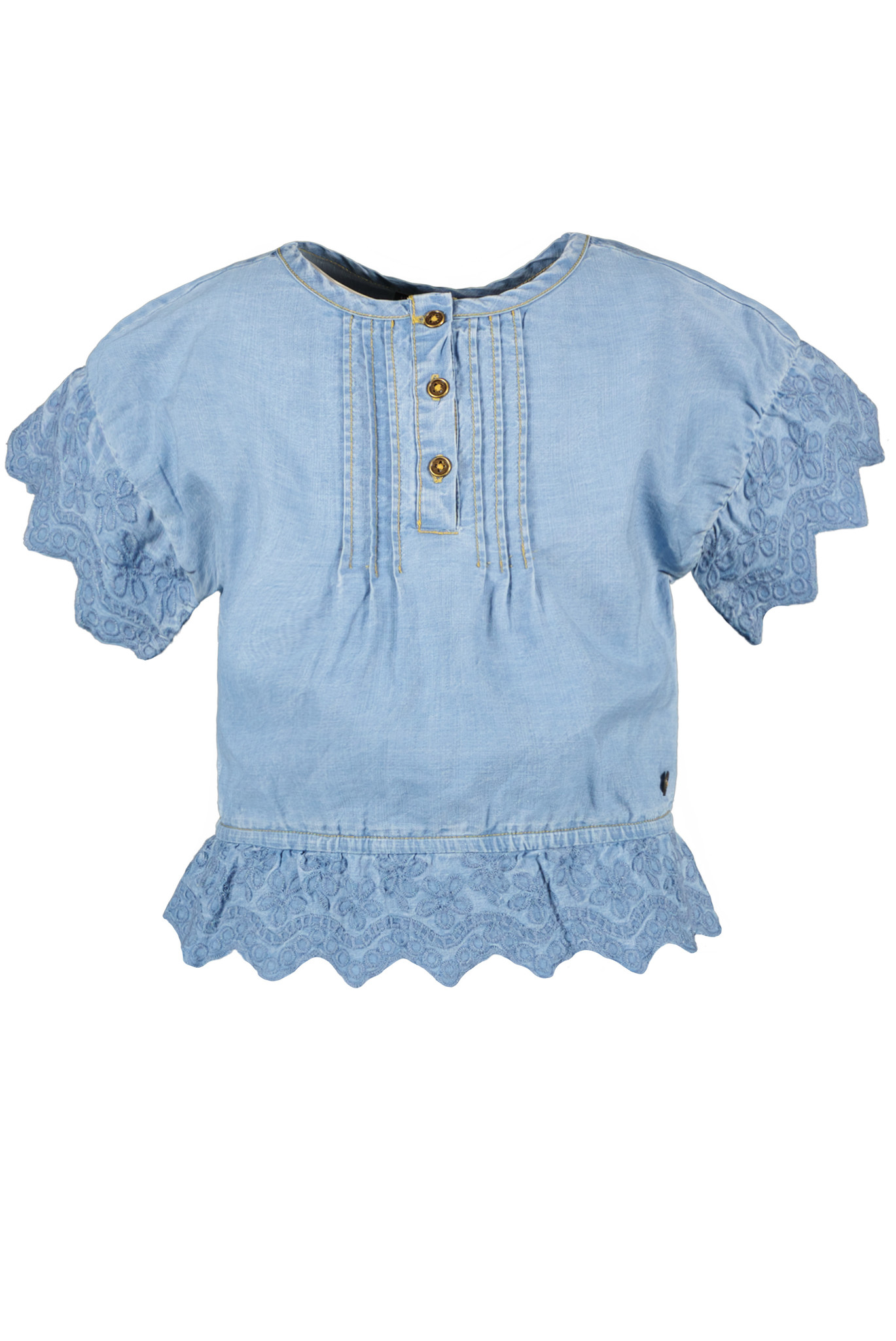 Like Flo Meisjes top broderie mouw - Lt denim