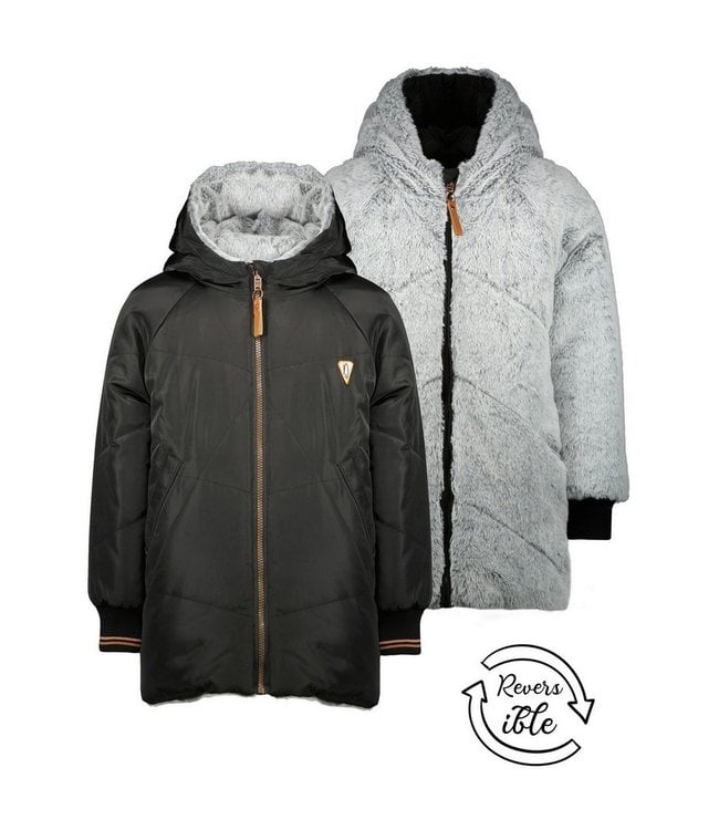 NoNo Meisjes reversible winterjas halflang met capuchon - Bay - Jet zwart