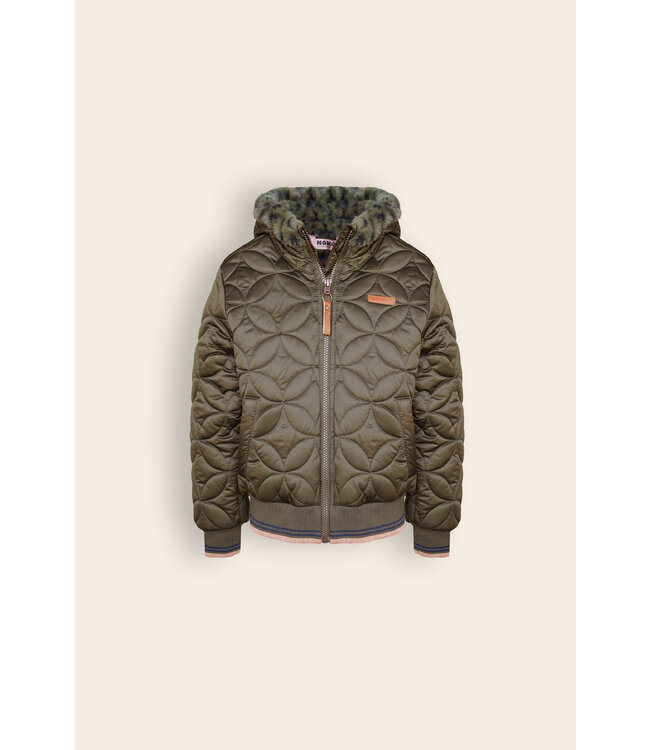 NoNo Meisjes winterjas bomber met capuchon AOP - Bestie - Army groen