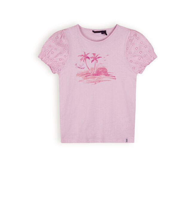 NoNo Meisjes t-shirt met puffy mouw - Kantal - Cotton candy