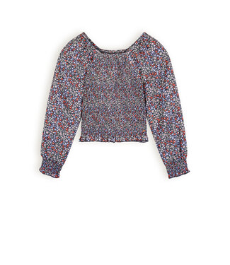 NoBell Meisjes blouse smocked bloemen - Tessa - Grijs navy blauw