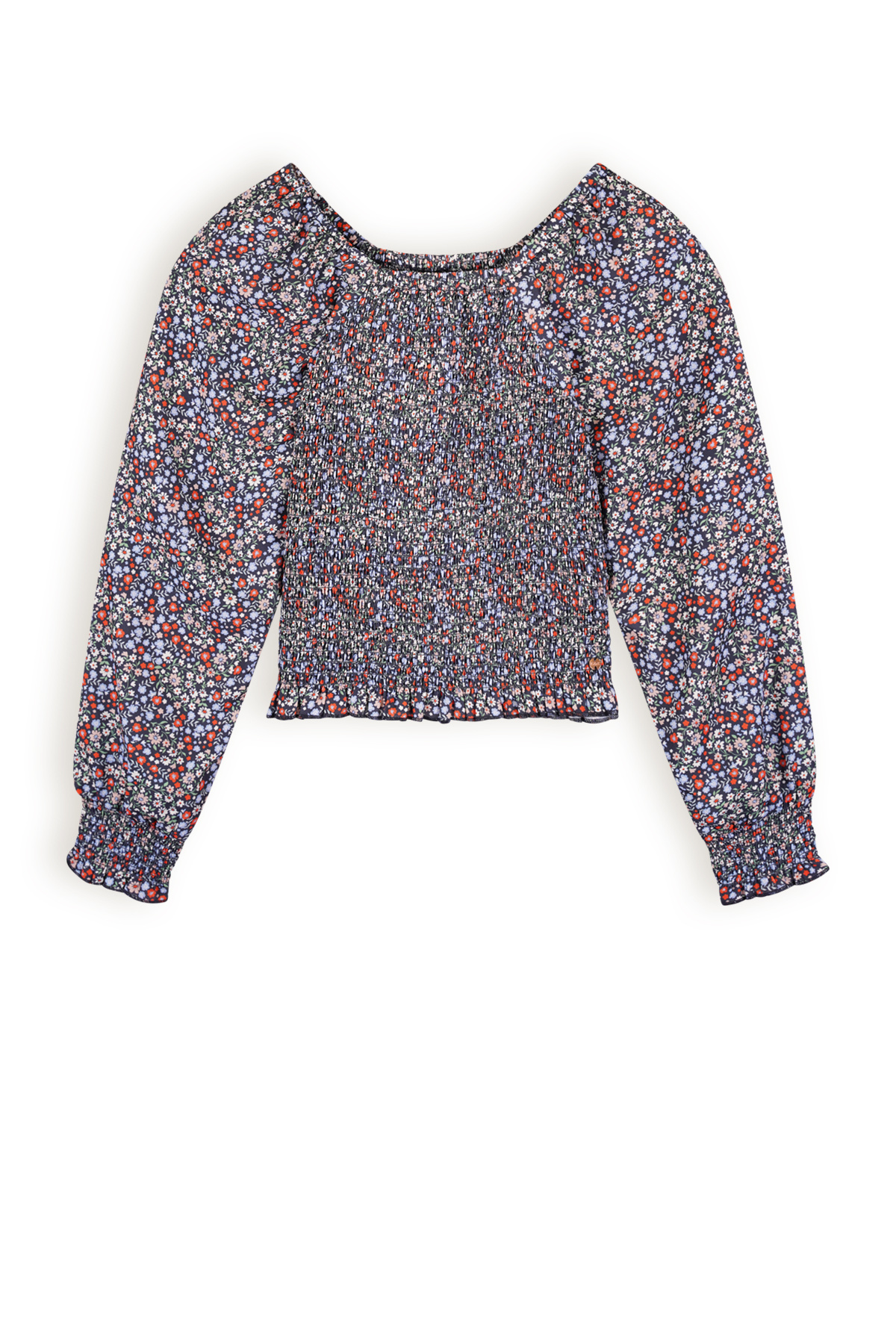 Meisjes blouse smocked bloemen - Tessa - Grijs navy blauw