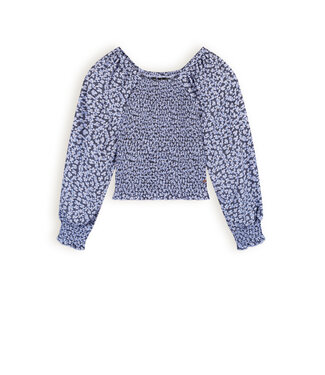 NoBell Meisjes blouse smocked denim - Tessa - Satijn blauw