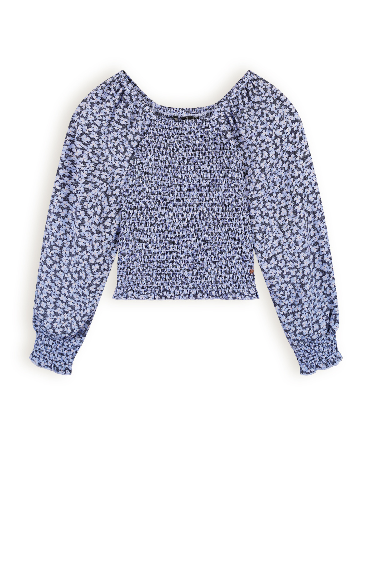 NoBell Meisjes blouse smocked denim - Tessa - Satijn blauw