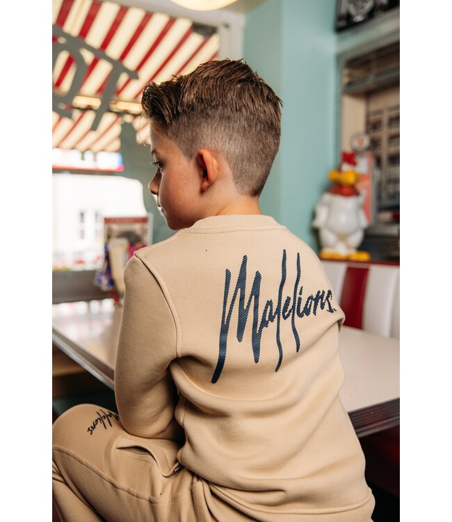 Malelions Sweater signature gestreept - Licht bruin / Navy blauw