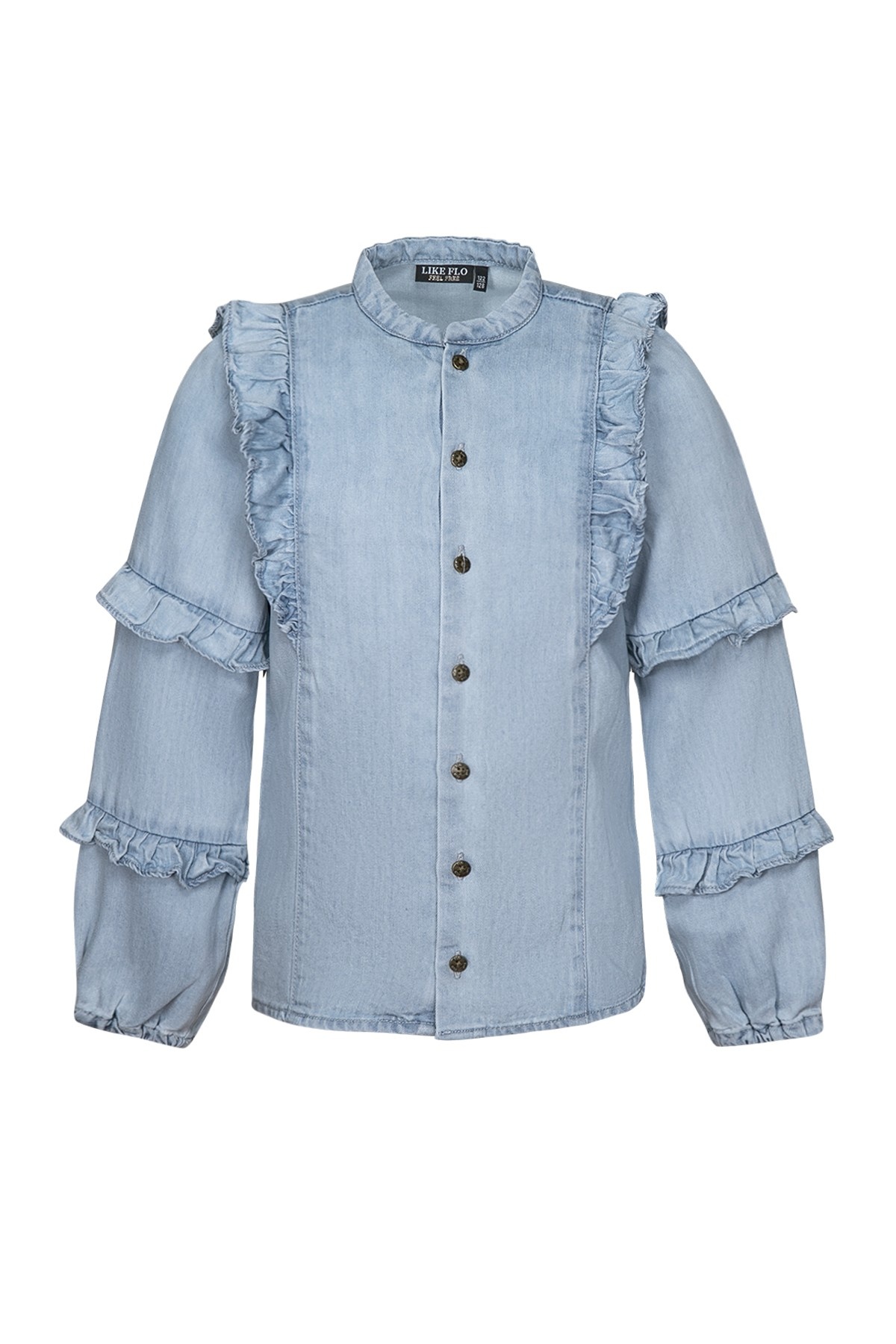 Meisjes blouse chambray met ruffel - Carlijn - Lt denim