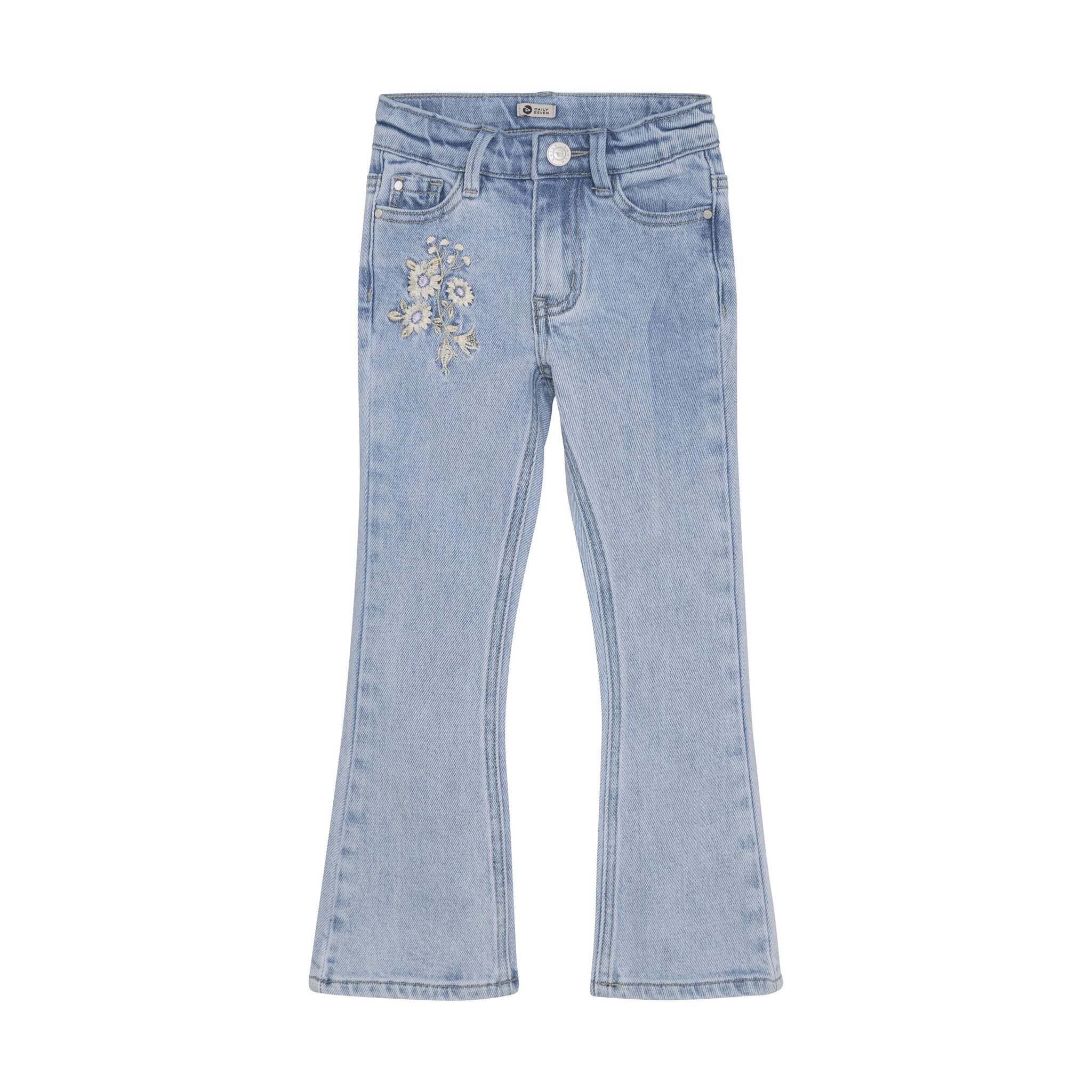 Daily7 Zomer jeans broek meisjes - medium blauw - 2400 flair fit embroidery Daily7 Zomer jeans broek meisjes - medium blauw - 2400 flair fit embroidery