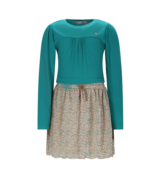 NoNo winter combo jurk meisjes - zand - Morly - rib jersey top + plisse, AOP rok