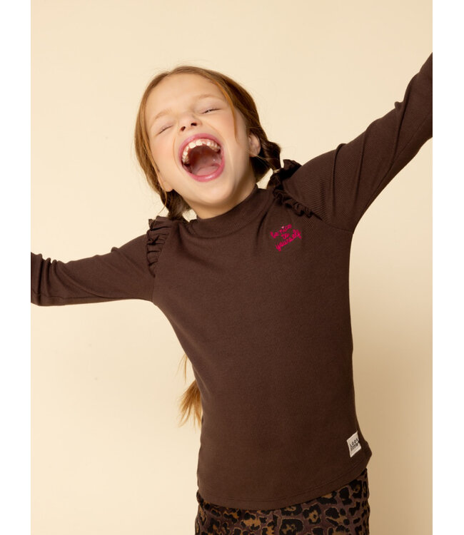 LOOXS Little winter t-shirt meisjes - donker bruin - rib/longsleeve