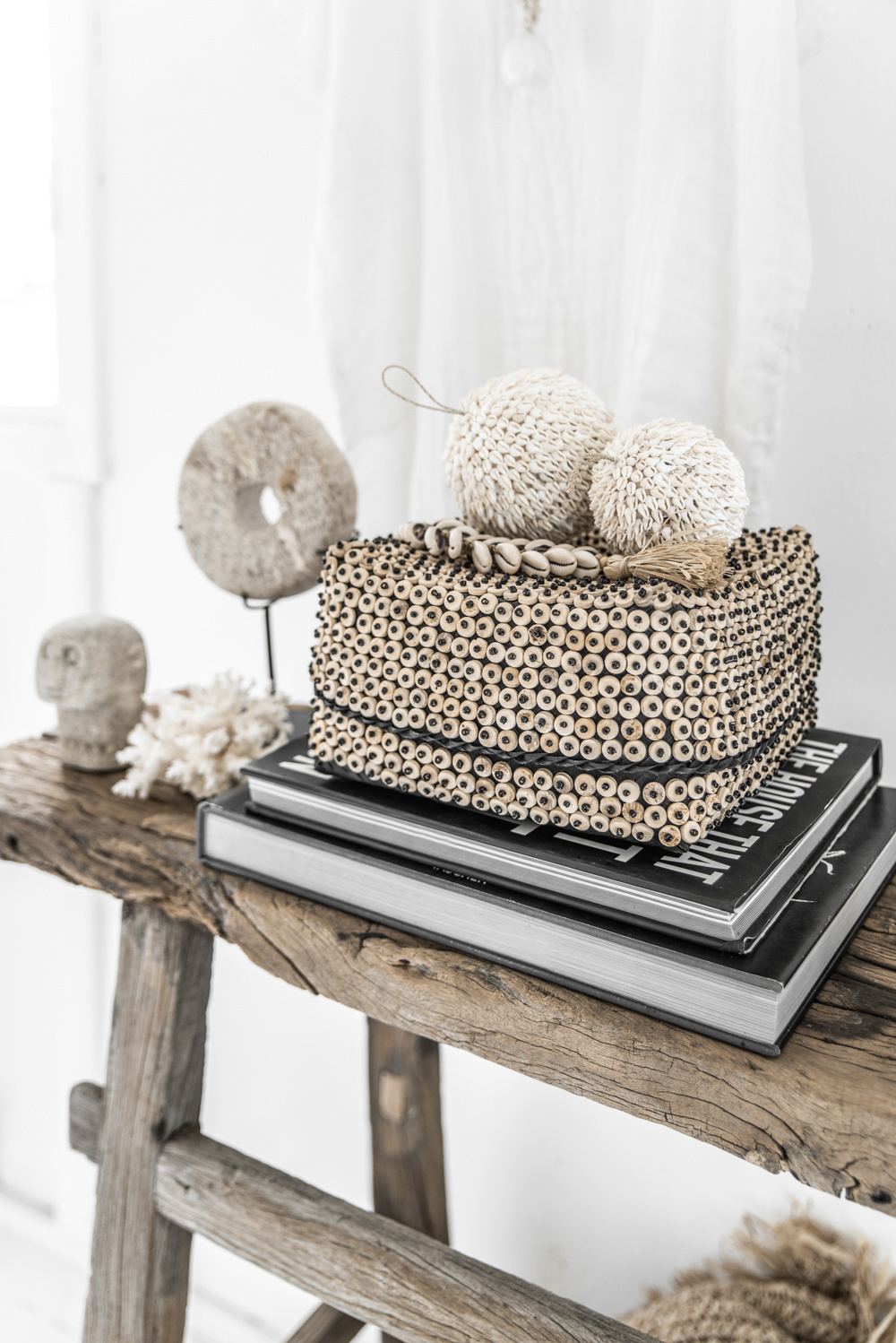 De Raffia Fishbone Sleutelhanger - Naturel Wit