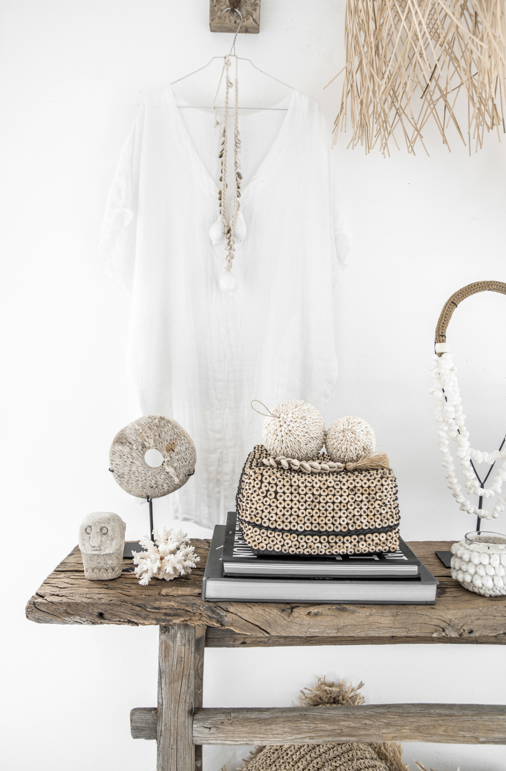 De Raffia Fishbone Sleutelhanger - Naturel Wit