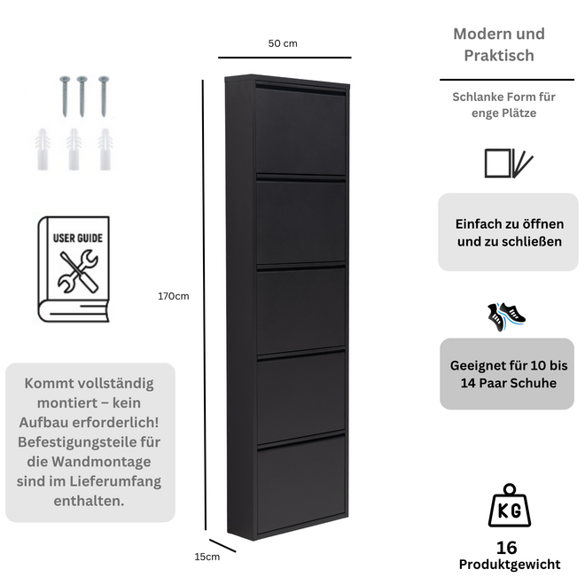 Schoenenkast 5 kleppen - Zwart