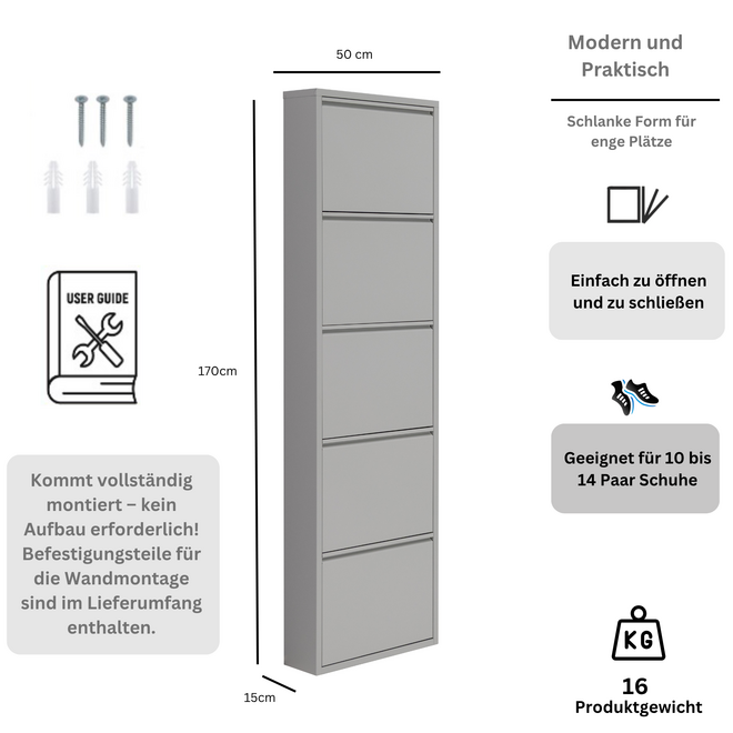 Schoenenkast 5 kleppen - Grijs