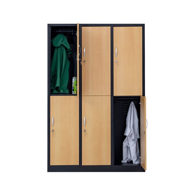 Kledinglocker 6-deurs MD 120 cm - Zwart/Beuken