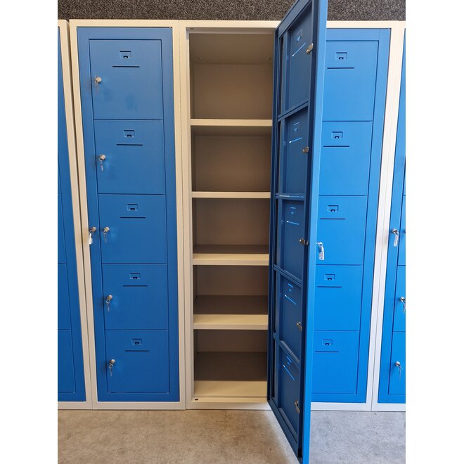 Locker 5 kluisjes Grijs-Blauw met centrale deur