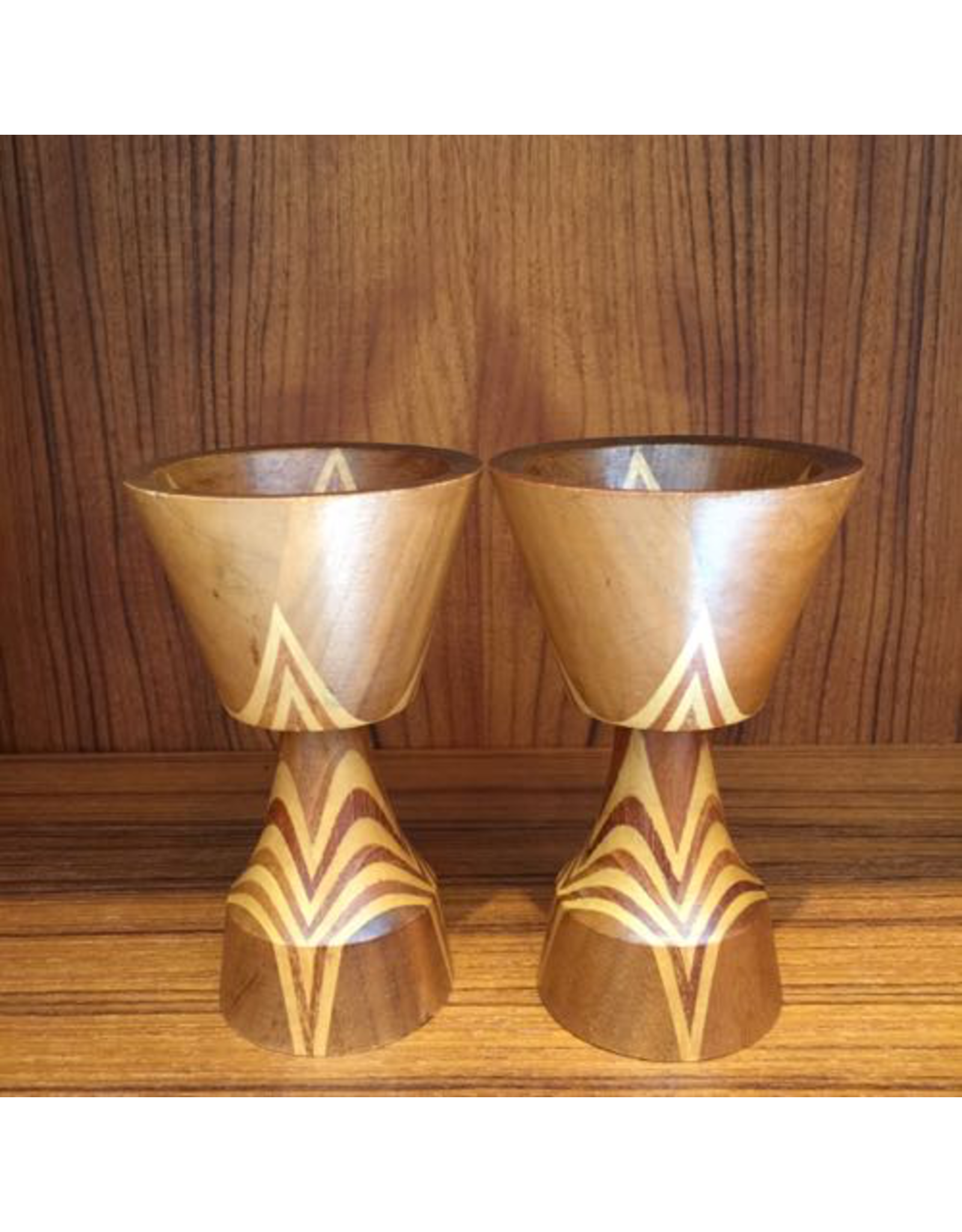 PAIR OF INTARSIA WOOD CANDLESTICKS