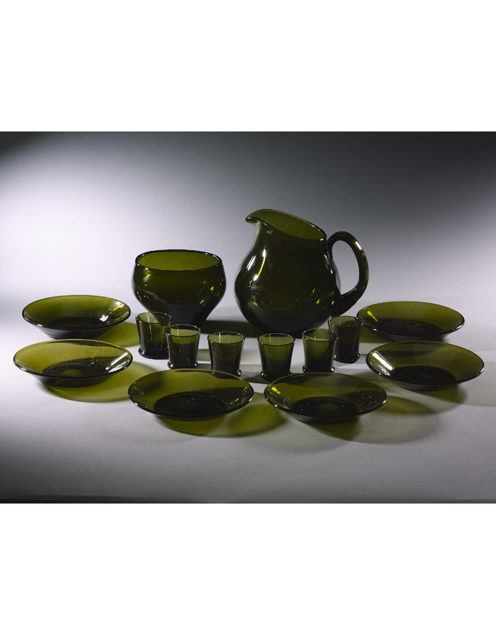 TUPA HAND-BLOWN MOSS-GREEN GLASS LIQUEUR SERVICE