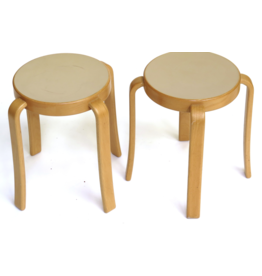 PAIR OF STACKING STOOLS IN BEECH WITH LINOLEUM SEAT