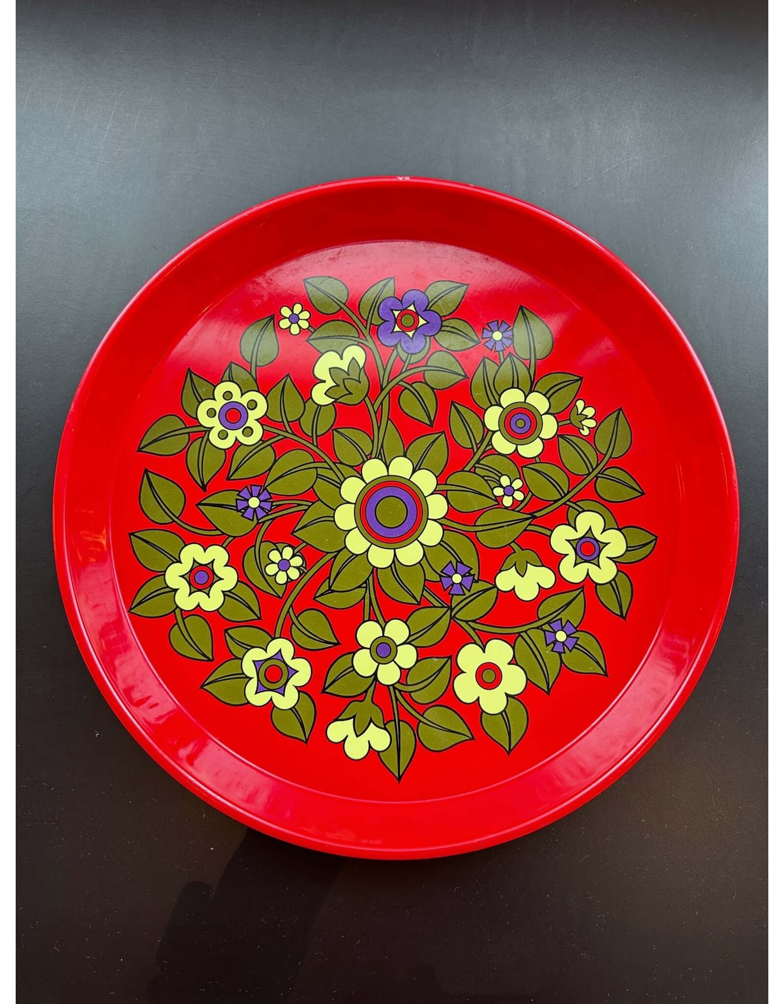 1960's RED ROUND TEA TRAY WITH FLORAL MOTIF
