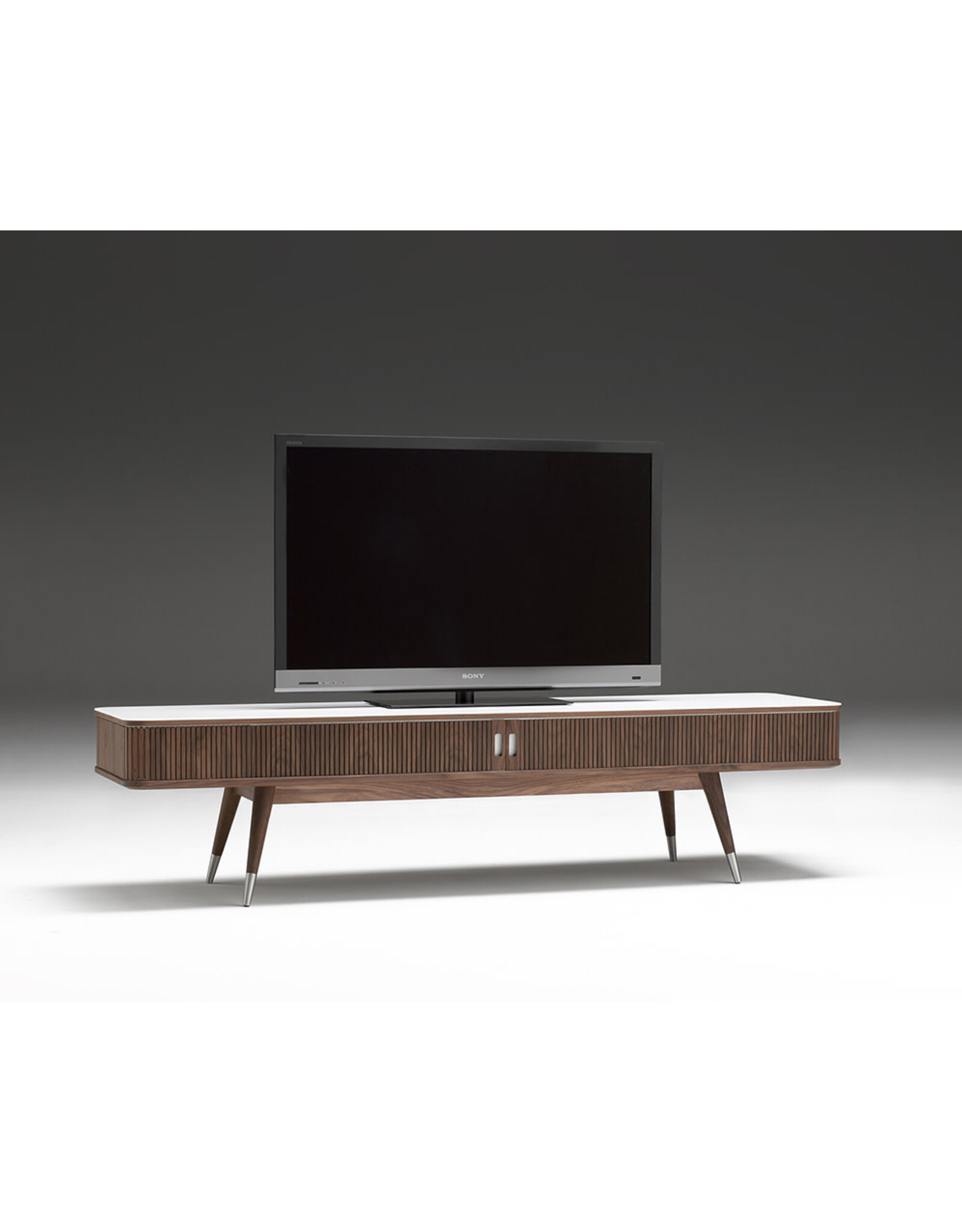 AK 2720 TV UNIT IN WALNUT WITH STAINLESS STEEL CAPS