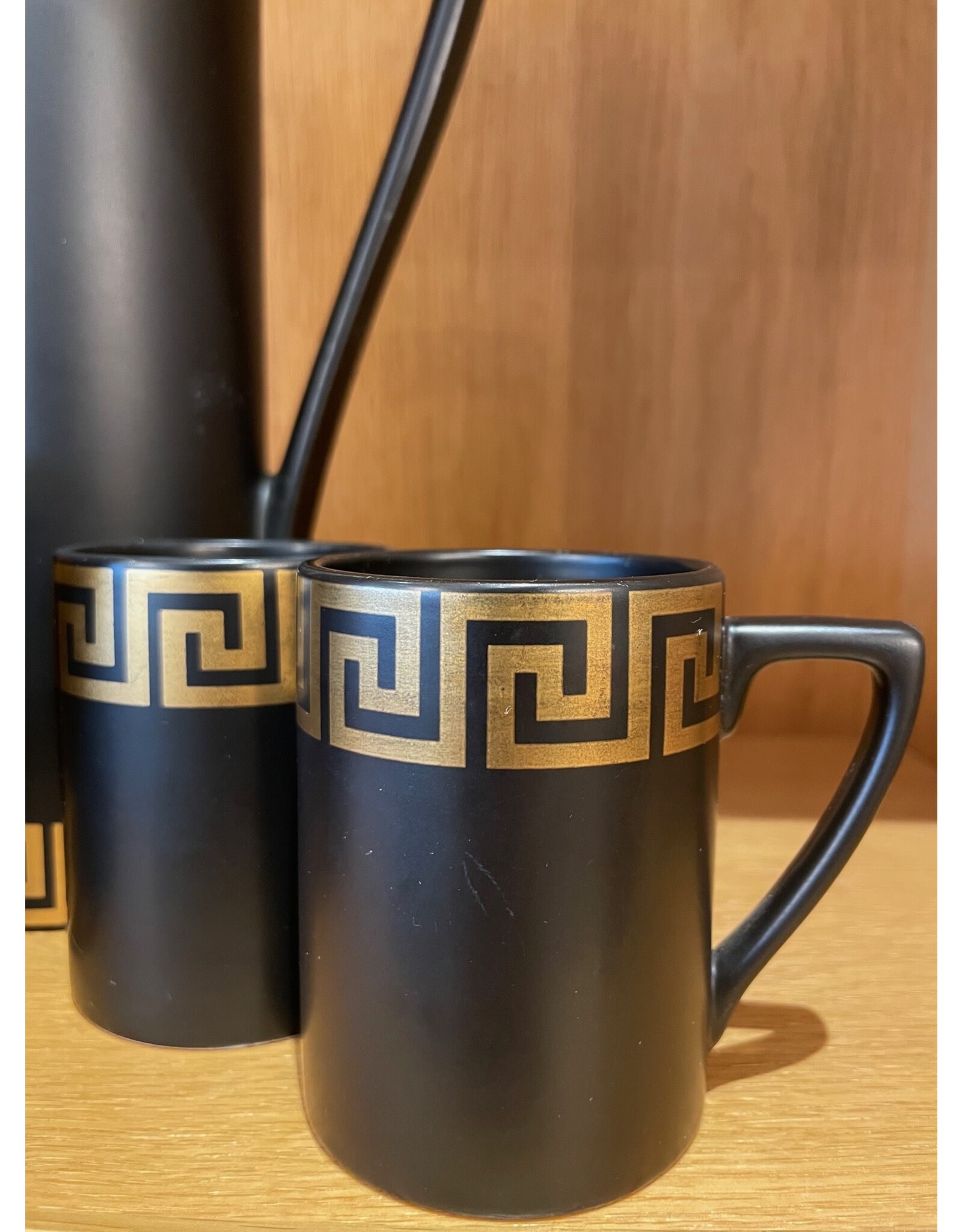 PORTMEIRION BLACK AND GOLD GREEK KEY COFFEE SET FOR 4 PERSONS