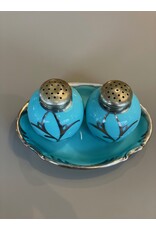 PAIR OF PORCELAIN TURQUOISE GLAZE WITH SILVER OVERLAY SALT & PEPPER SHAKERS
