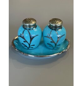 PAIR OF PORCELAIN TURQUOISE GLAZE WITH SILVER OVERLAY SALT & PEPPER SHAKERS