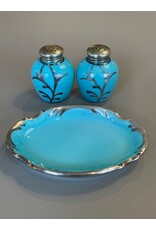 PAIR OF PORCELAIN TURQUOISE GLAZE WITH SILVER OVERLAY SALT & PEPPER SHAKERS