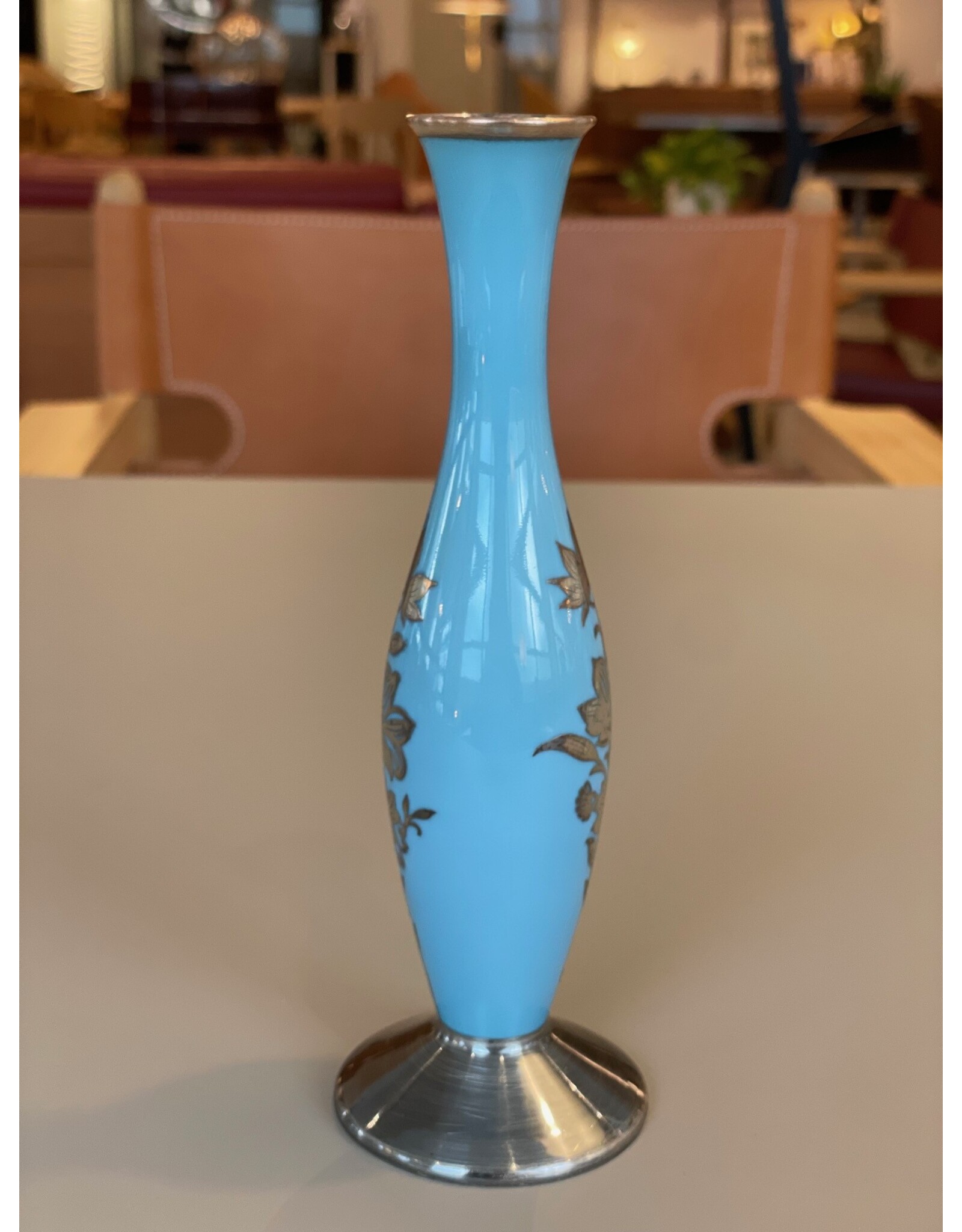 PORCELAIN TURQUOISE GLAZE WITH SILVER OVERLAY VASE