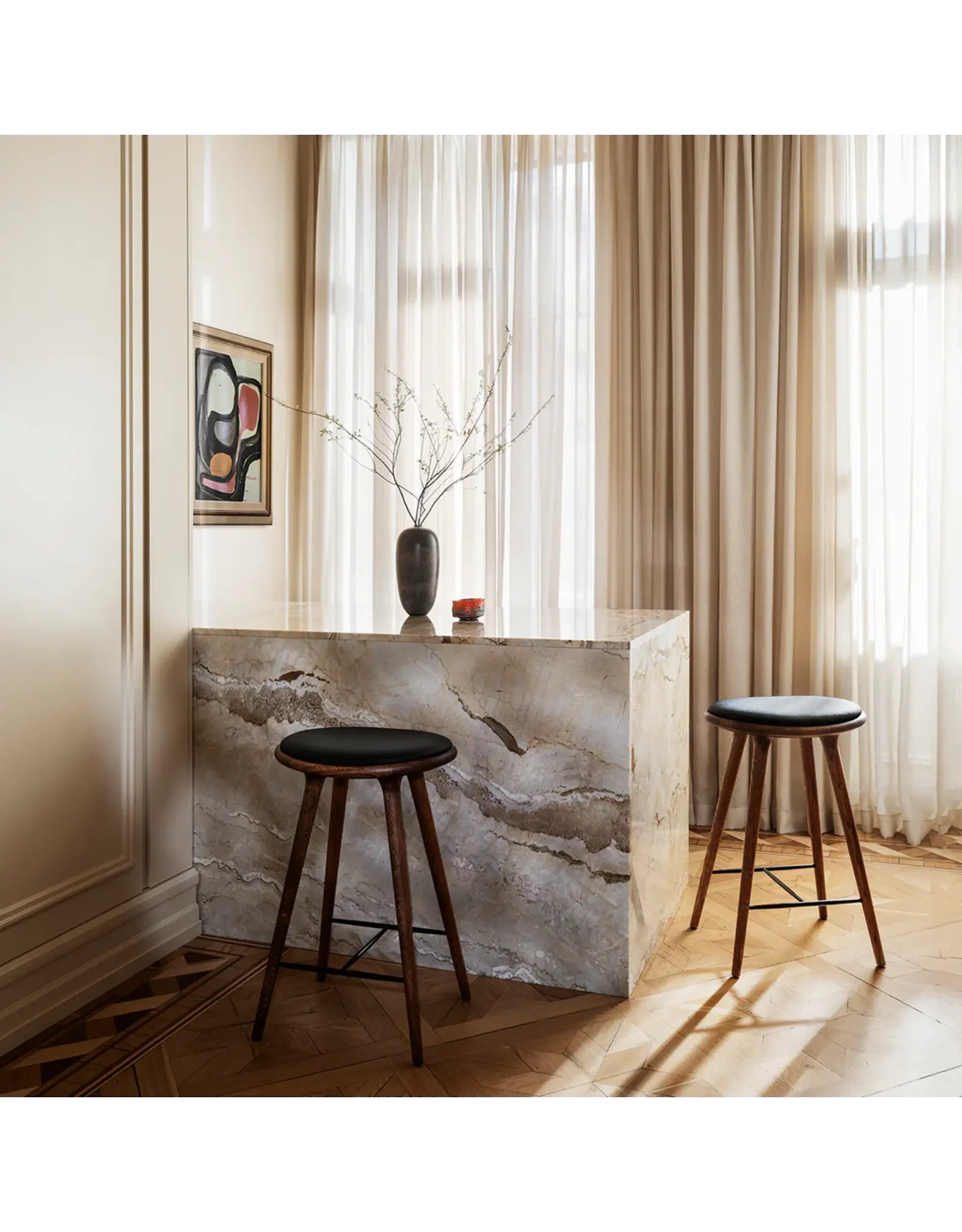 ETHICAL HIGH STOOL, DARK STAINED HARDWOOD