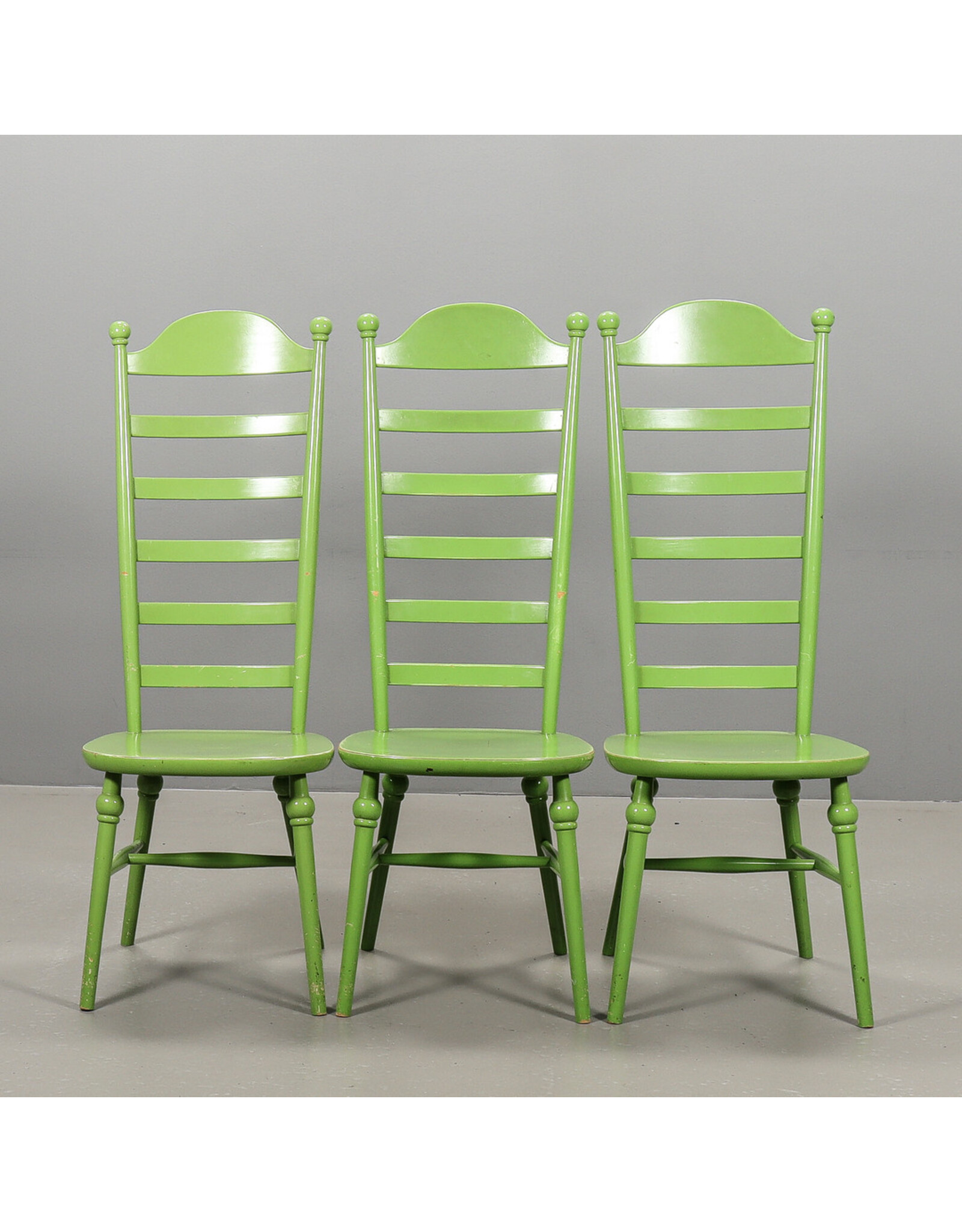 ONE OF THREE 1960's  HIGH LADDER BACK "MONA" CHAIR PAINTED IN APPLE GREEN