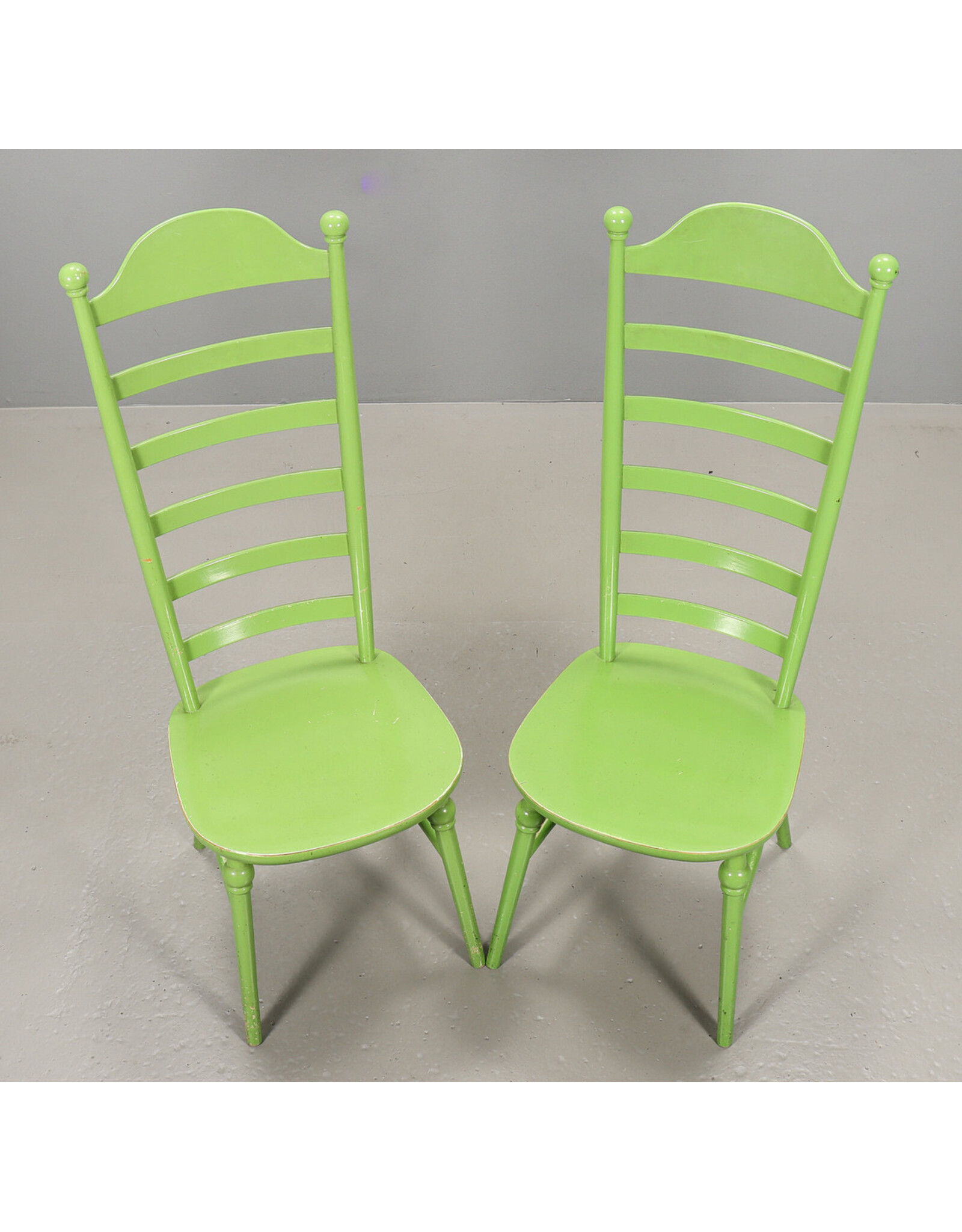 ONE OF THREE 1960's  HIGH LADDER BACK "MONA" CHAIR PAINTED IN APPLE GREEN