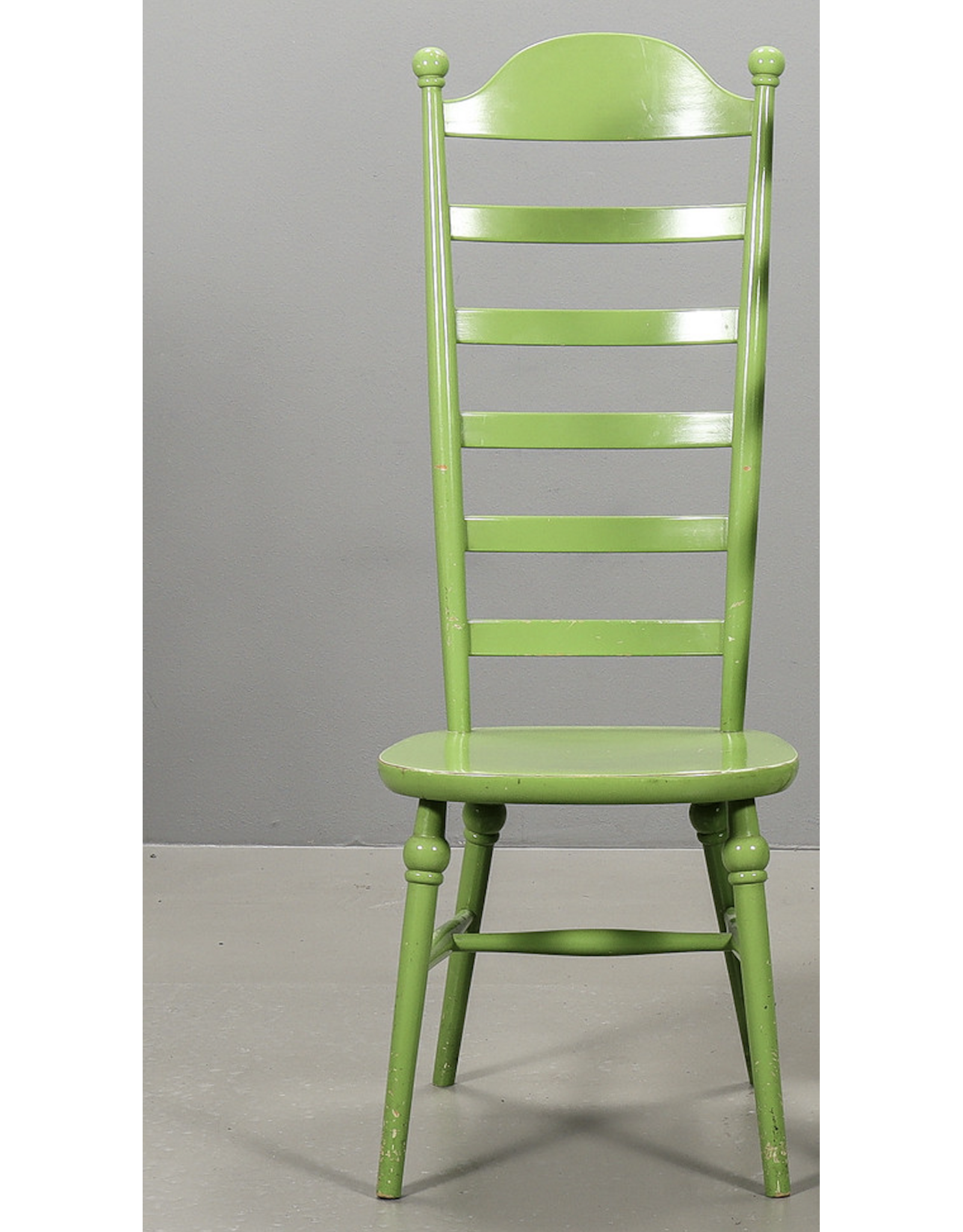 ONE OF THREE 1960's  HIGH LADDER BACK "MONA" CHAIR PAINTED IN APPLE GREEN
