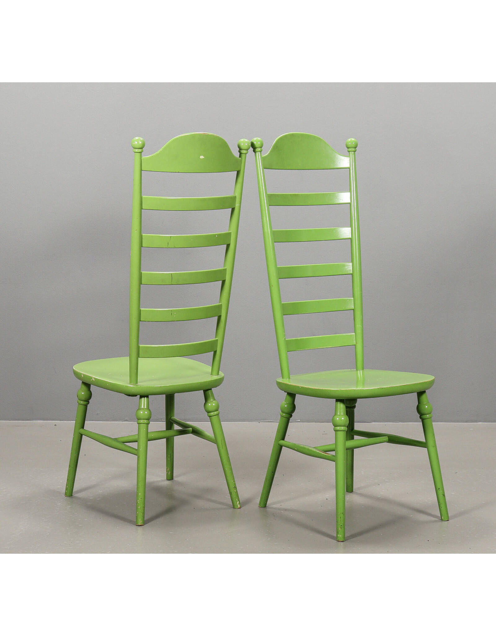 ONE OF THREE 1960's  HIGH LADDER BACK "MONA" CHAIR PAINTED IN APPLE GREEN