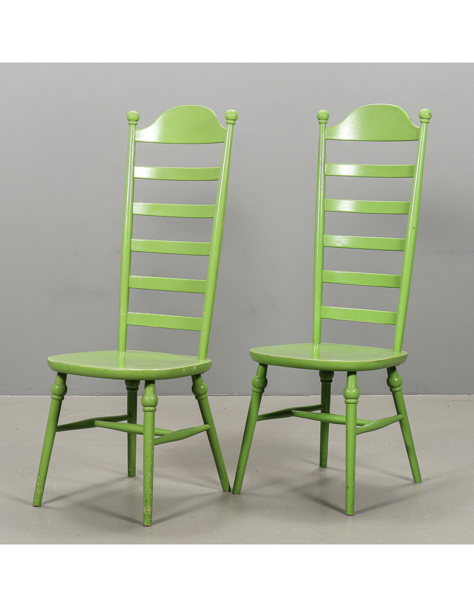 ONE OF THREE 1960's  HIGH LADDER BACK "MONA" CHAIR PAINTED IN APPLE GREEN