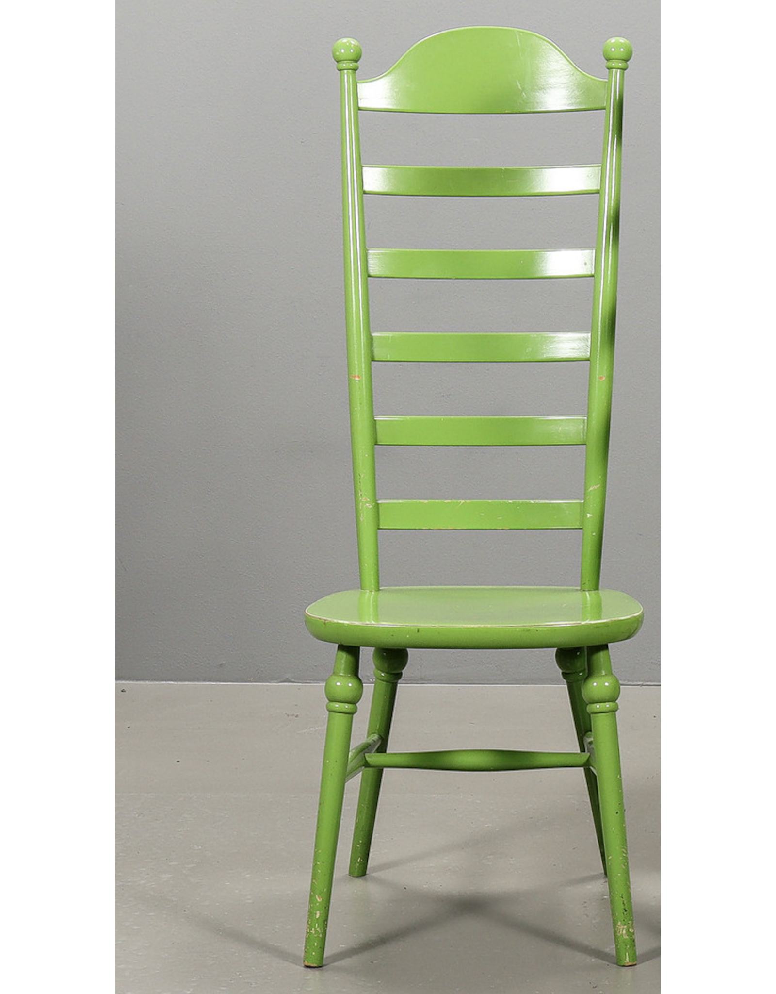 ONE OF THREE 1960's HIGH LADDER BACK "MONA" CHAIR PAINTED IN APPLE GREEN