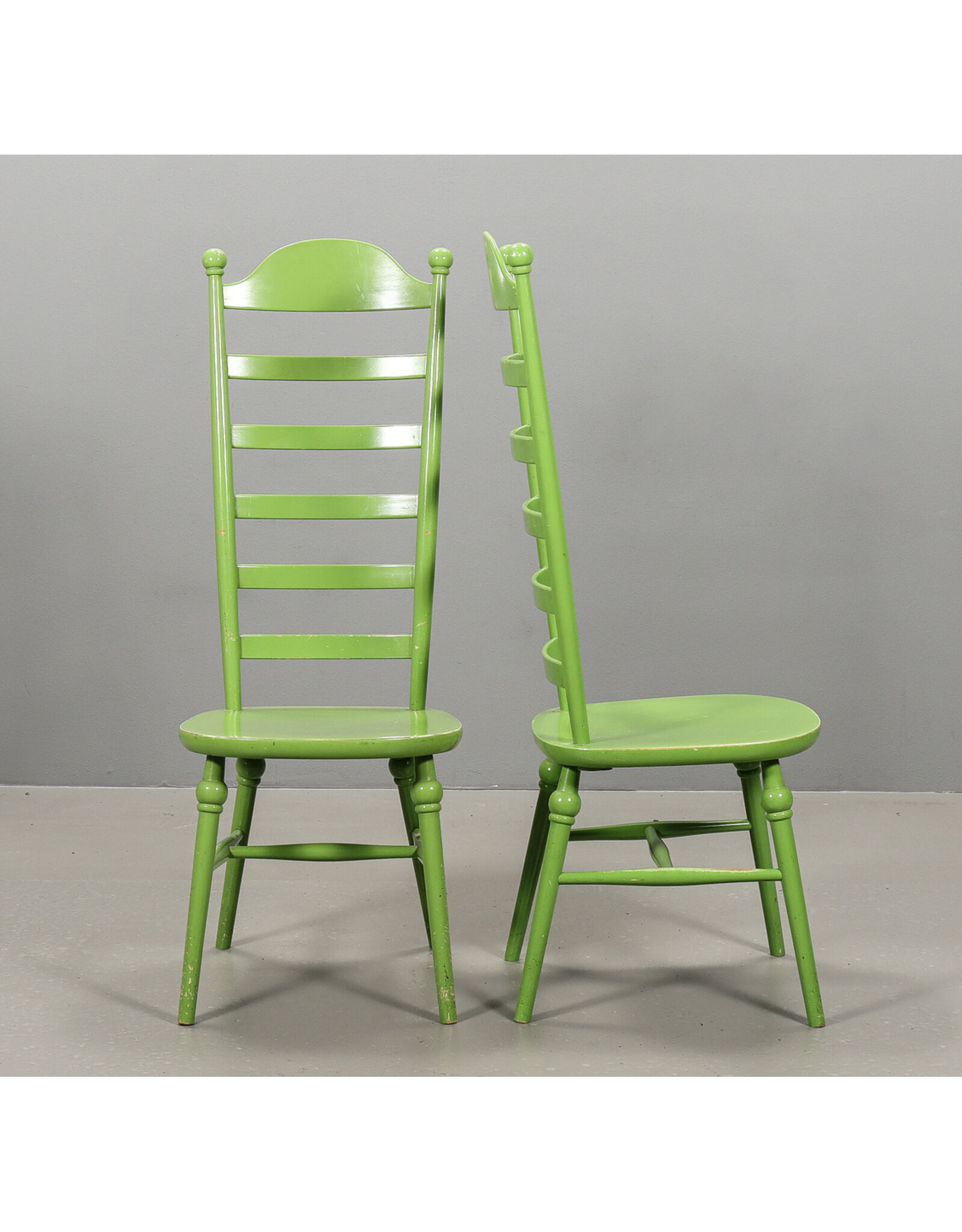 ONE OF THREE 1960's HIGH LADDER BACK "MONA" CHAIR PAINTED IN APPLE GREEN