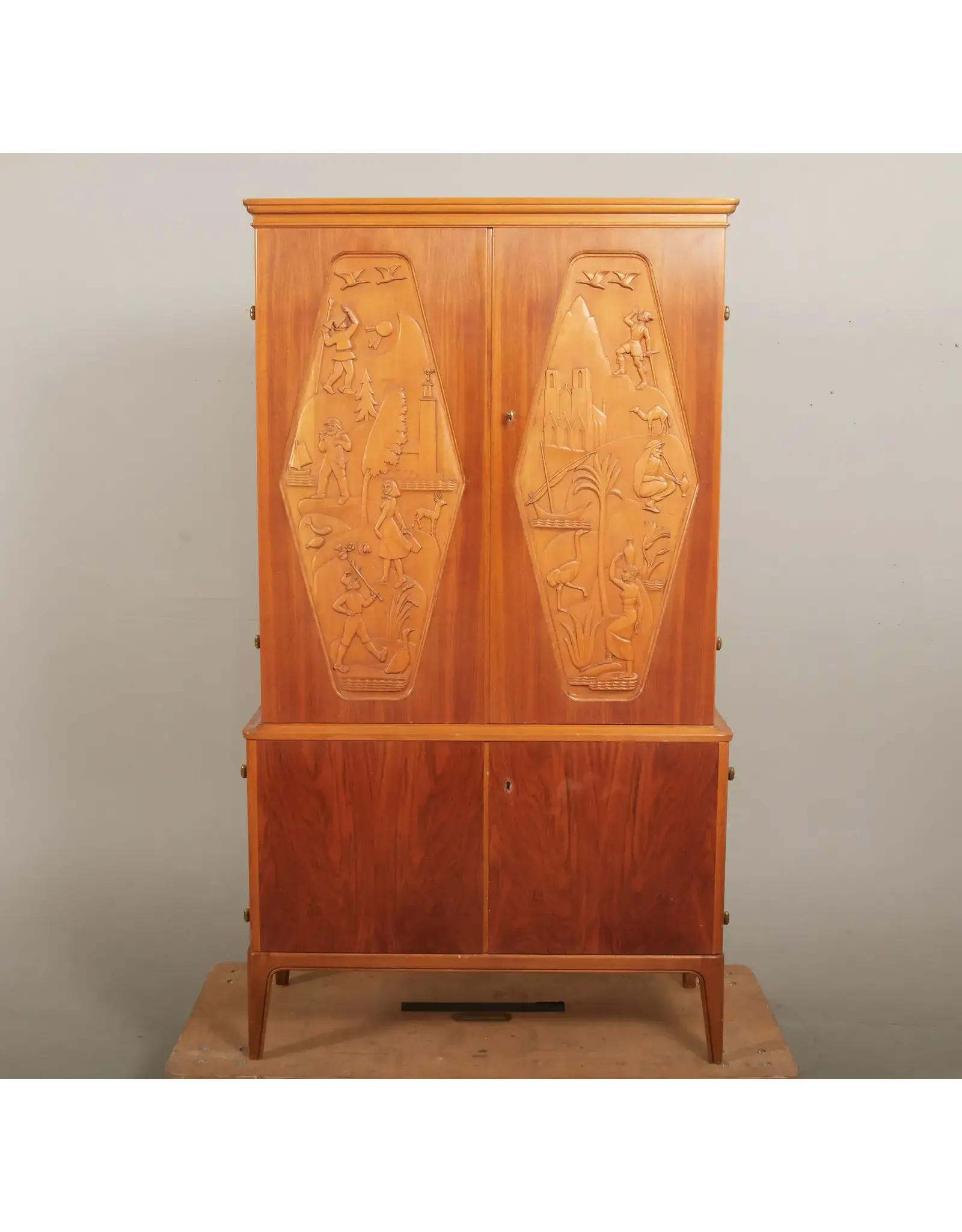 1950's RARE SWEDISH CABINET WITH PAIR OF RELIEF DECORATED DOORS