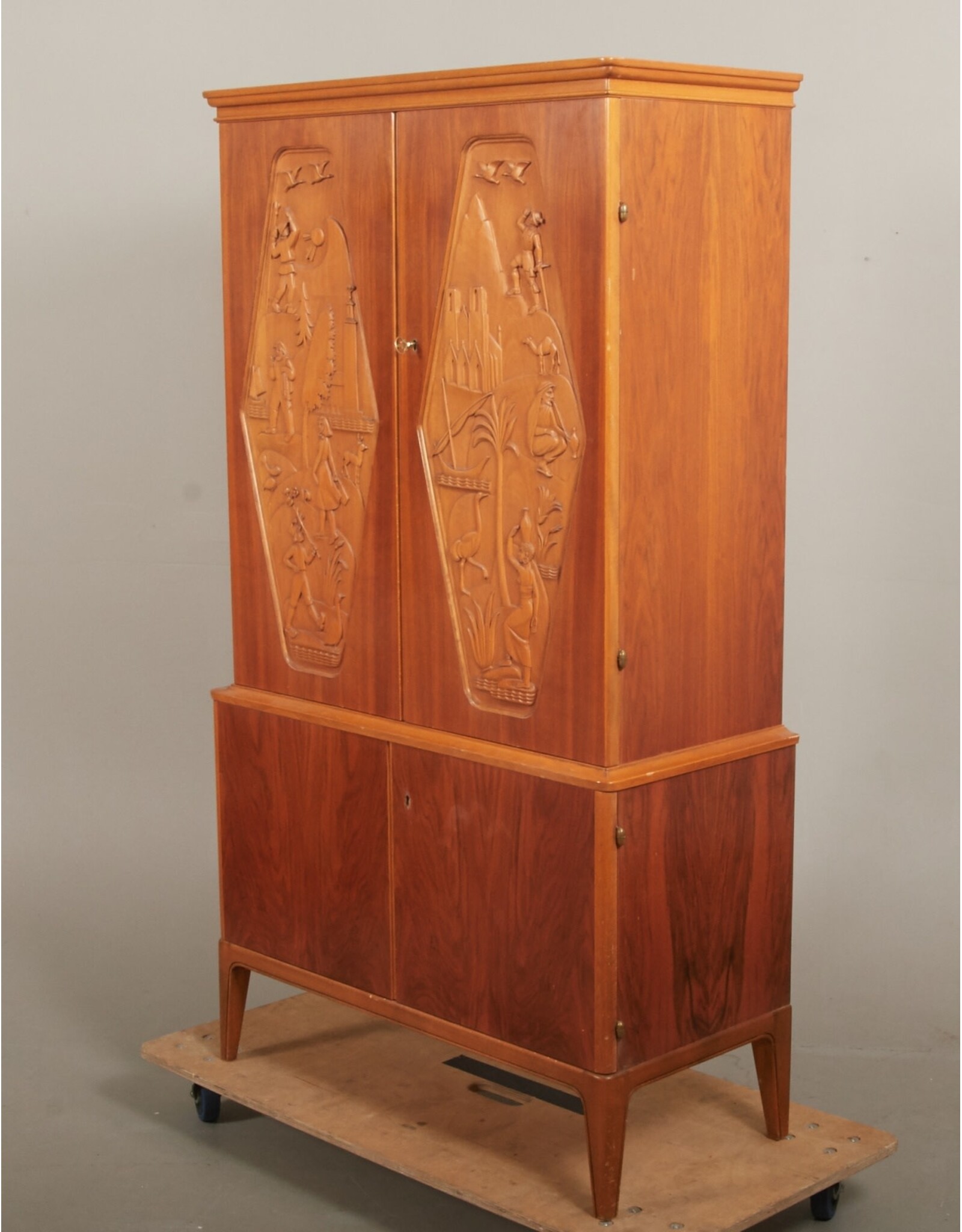 1950's RARE SWEDISH CABINET WITH PAIR OF RELIEF DECORATED DOORS