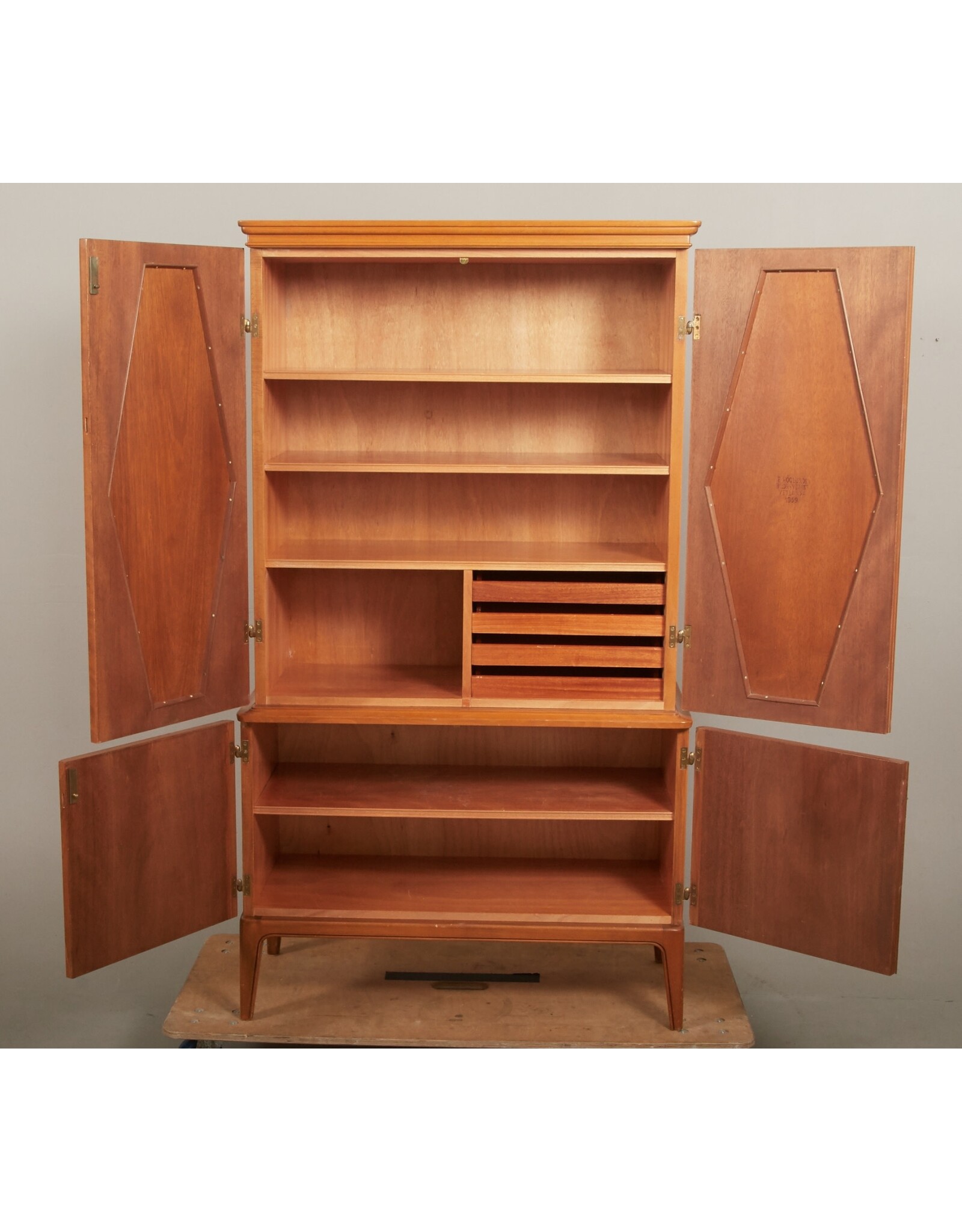 1950's RARE SWEDISH CABINET WITH PAIR OF RELIEF DECORATED DOORS