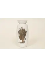 1950'S GRAZIA STONEWARE VASE WITH SILVER INLAY PORTRAIT OF A LADY WITH BIRDS