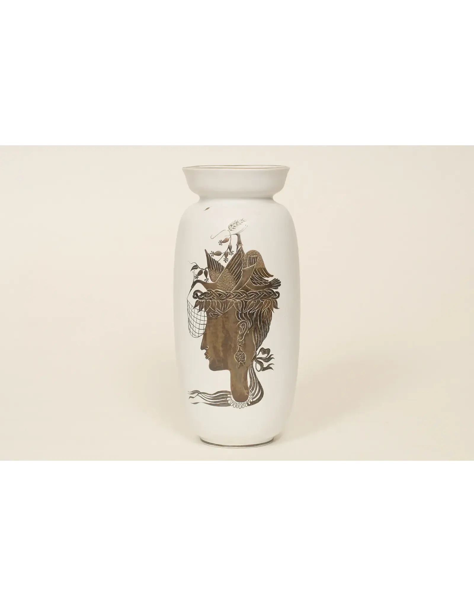 1950年代格拉齊亞陶器花瓶，銀鑲嵌，飾有女士與鳥的肖像