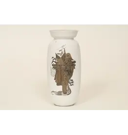 1950年代格拉齊亞陶器花瓶，銀鑲嵌，飾有女士與鳥的肖像